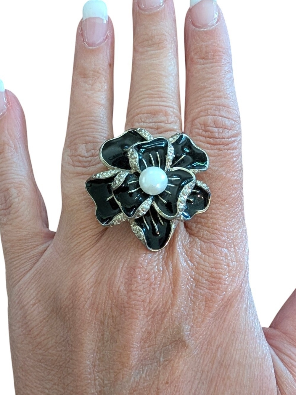 Black Flower Statement Ring with Pearl Center
